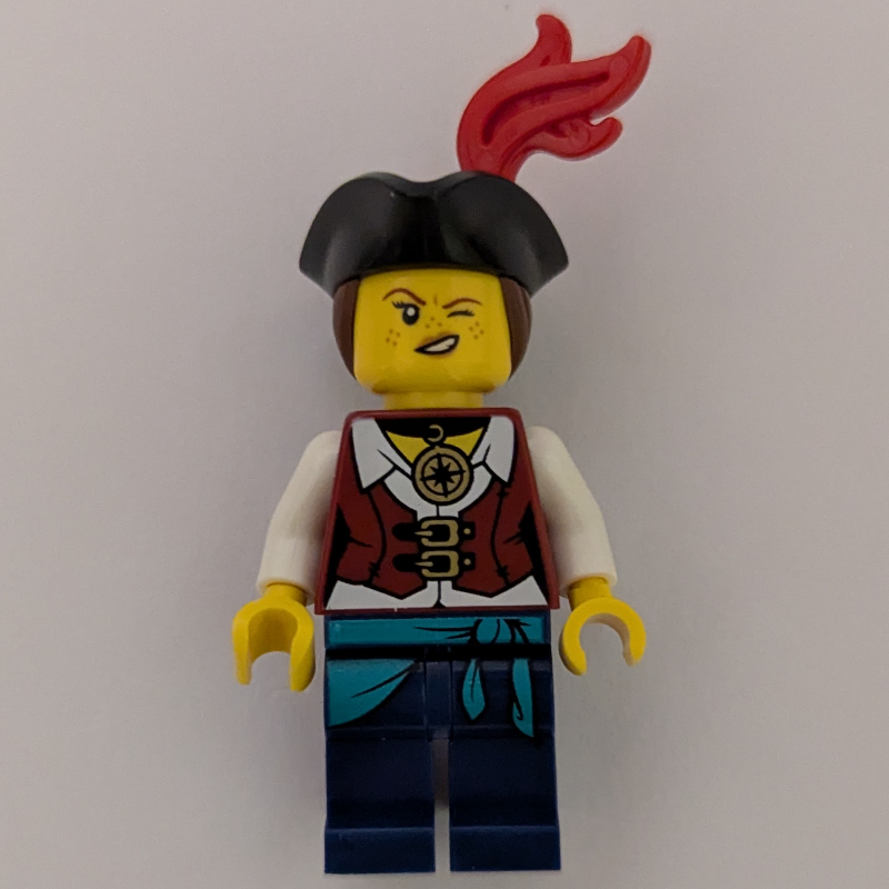 Lego Pirate, Dark Red Vest, Dark Blue Legs, Tricorne Hat with Red Plume