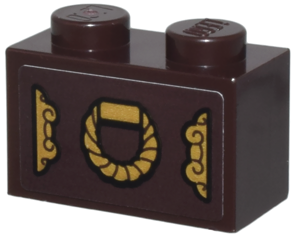 Lego Brick 1 x 2 with Ornate Gold Clasps and Round Handle Pattern (Sticker) - Set 76780 / Dark Brown