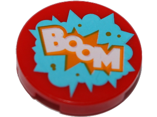 Lego Tile, Round 2 x 2 with Bottom Stud Holder with 'BOOM' in Medium Azure Starburst Explosion Pattern / Red