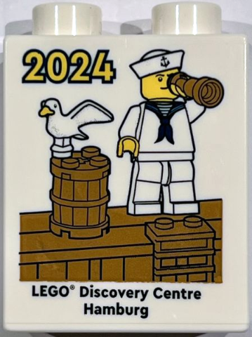 Lego Duplo, Brick 1 x 2 x 2 with 2024 LEGO Discovery Centre Hamburg, Sailor Minifigure and Seagull Pattern / White