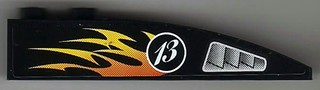 Lego Slope, Curved 6 x 1 with 2 Studs with Silver Air Intake, White '13' in Circle and Flames Pattern Model Right (Sticker) - Set 8899