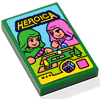 Lego Tile 2 x 3 with 'HEROICA' Board Game Box with Dark Pink and Bright Green Hooded Female Characters and Die Pattern (Sticker) - Set 41748 / Green