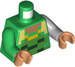 Lego Torso Pixelated Nougat Neck, Bright Green, Dark Green and Yellow Shirt Pattern / Light Bluish Gray Arm Left / Green Arm Right / Nougat Hands