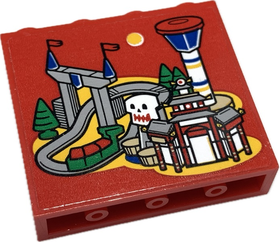 Lego Panel 1 x 4 x 3 with Side Supports - Hollow Studs with LEGOLAND Park Map with Roller Coaster and Control Tower on Red Background Pattern (Sticker) - Set 40429