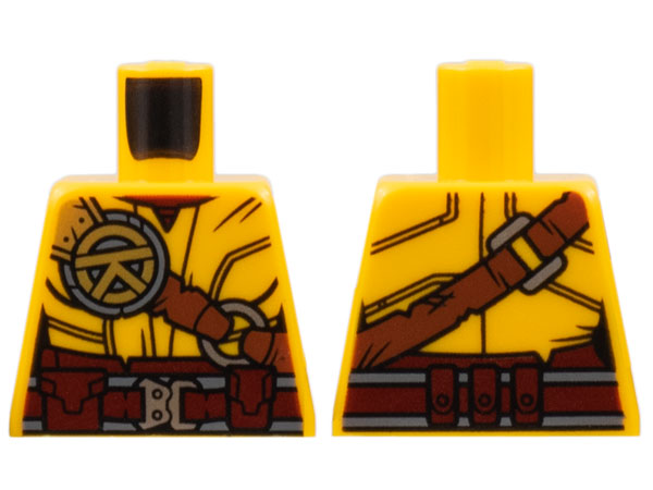 Lego Torso Female, Dark Red Collar and Belt, Reddish Brown Shoulder Belt, Silver Buckles, Gold Ninjago Logogram Letter R Pattern / Bright Light Orange
