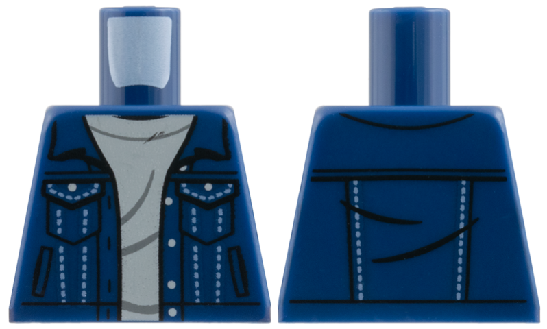Lego Torso Jacket Open, Black Pocket Outlines, Bright Light Blue Stitching, Light Bluish Gray Shirt Pattern / Dark Blue