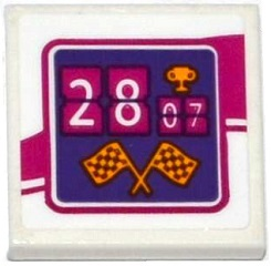Lego Tile 2 x 2 with '2807' (28:07), Trophy and Checkered Flags Pattern (Sticker) - Set 41122 / White