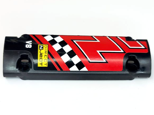 Lego Technic, Panel Curved 11 x 3 with 'DIRECT NjecT', 'V8', White and Black Checkered Stripe on Red Background Pattern Model Left Side (Sticker) - Sets 8041 / 42041 / Black