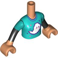 Lego Minidoll Torso Girl with Dark Turquoise Shirt with White Ghost, Black Sleeves Print, Nougat Arms and Hands / Nougat