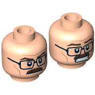 Lego Minifig Head Commissioner James Gordon, Dual Sided Glasses, Brown Moustache, Wrinkles, Mouth Closed / Bared Teeth Print [Hollow Stud] / Light Nougat