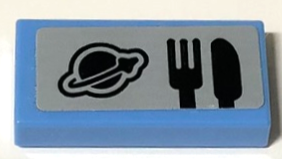 Lego Tile 1 x 2 with Black Classic Space Logo, Fork and Knife Pattern (Sticker) - Set 60349 / Medium Blue