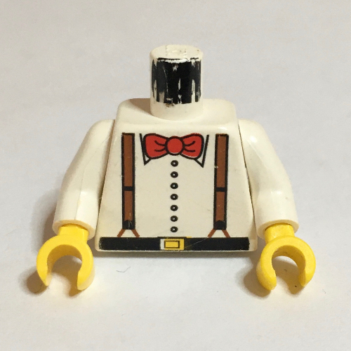 Lego Torso Shirt with Suspenders and Red Bow Tie Print, White Arms, Yellow Hands / White