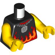 Lego Torso, Shirt with Red/Orange Flames, Chain Necklace, Skull Pendant Print, Yellow Arms and Hands / Black