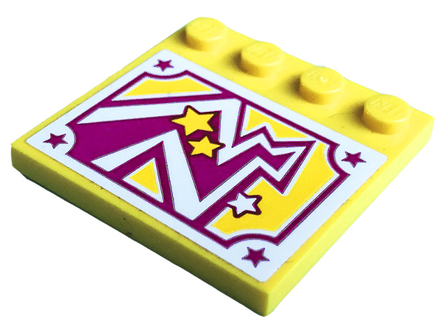 Lego Tile, Modified 4 x 4 with Studs on Edge with Magenta, White and Yellow Stars and Lightning Bolt Pattern (Sticker) - Set 41338 / Yellow