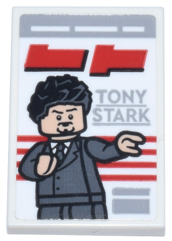 Lego Tile 2 x 3 with Magazine Red Title and Stripes, Minifigure, and Light Bluish Gray 'TONY STARK' Pattern (Sticker) - Set 76269