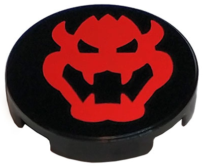 Lego Tile, Round 2 x 2 with Bottom Stud Holder with Red Bowser Head Pattern / Black