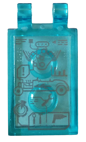 Lego Tile, Modified 2 x 3 with 2 Clips with Gears, Hot Rod and Tools Pattern (Sticker) - Set 76167 / Trans-Light Blue