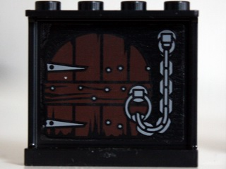 Lego Panel 1 x 4 x 3 with Side Supports - Hollow Studs with Wooden Door and Chain Pattern on Inside (Sticker) - Set 10237 / Black