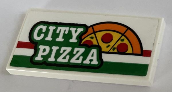 Lego Tile 2 x 4 with 'CITY PIZZA', Red and Green Stripes and Orange, Black and Yellow Half Pizza Pattern (Sticker) - Set 60292 / White