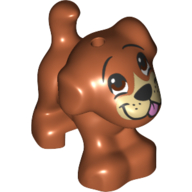 Lego Animal, Dog, Small Standing with Reddish Brown Eyes, Black Nose and Tan Snout, Tongue Print / Dark Orange