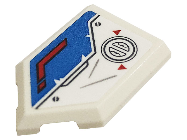 Lego Tile, Modified 2 x 3 Pentagonal with Black Screws, Silver Scratches, Red Arrows and Stripe on Dark Azure Background Pattern Model Left Side (Sticker) - Set 71738