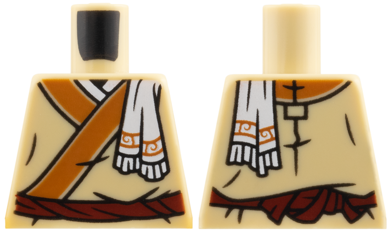 Lego Torso Tunic, Dark Orange Lapels, White Towel over Shoulder, Dark Red Belt Pattern / Tan