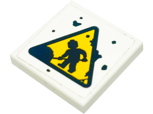 Lego Tile, Modified 2 x 2 Inverted with Bright Light Orange Warning Triangle Road Sign with Black Minifigure Worker Shoveling Dirt Pattern (Sticker) - Set 70423