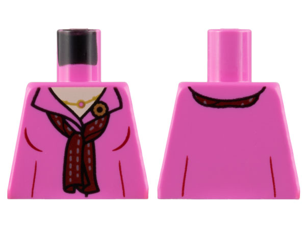 Lego Torso Shirt, Open Collar, Light Nougat Neck, Gold Necklace and Flower Pin, Dark Red Scarf Pattern / Dark Pink