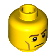 Lego Minifig Head Revolutionary Soldier, Brown Eyebrows, Cheek Lines, White Pupils, Frown Print [Blocked Open Stud] / Yellow