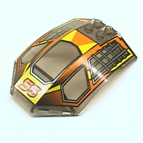 Lego Windscreen 8 x 6 x 2 Curved with '56' and Yellow, Orange, and Dark Gray Racing Print / Trans-Brown