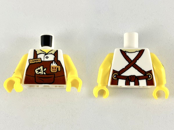 Lego Torso Reddish Brown Apron with Cup, 'LARRY' Name Tag, Straps Pattern / Yellow Arm Left / Yellow Arm Right with Black Tattoo Pattern / Yellow Hands