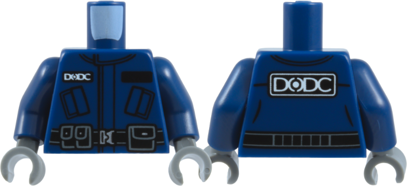 Lego Torso Jacket with Pockets, Panel, Collar, and Creases, White 'DODC', Black Belt with Silver Buckle, Pouches with Dark Bluish Gray Outlines Pattern / Dark Blue Arms / Dark Bluish Gray Hands