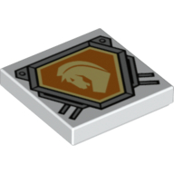Lego Tile 2 x 2 with Bright Light Yellow Horse Head on Orange Shield with Silver Border Print / White