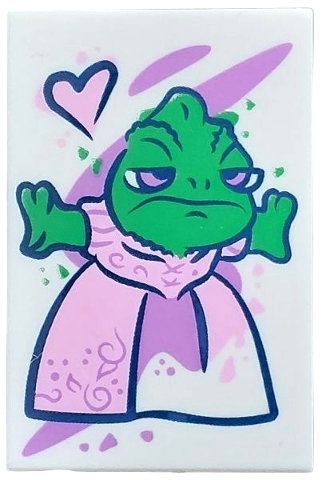Lego Tile 2 x 3 with Painting of Green Disney Pascal with Bright Pink and Medium Lavender Dress, Black Heart Outline Pattern / White