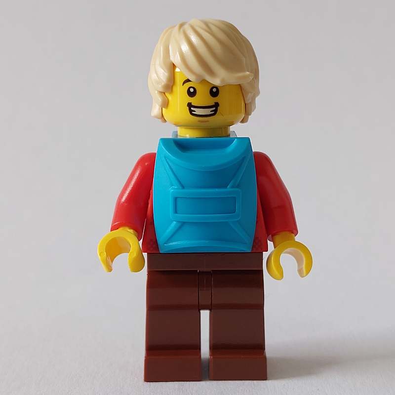 Lego Man, Red Plaid Shirt, Reddish Brown Legs, Tan Hair, Backpack on Front