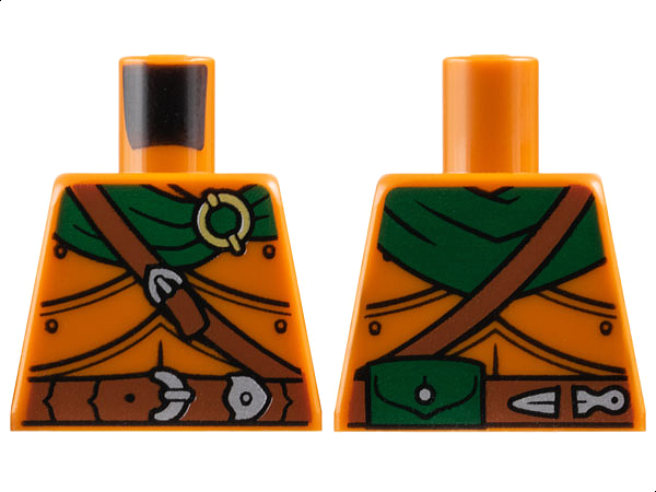 Lego Torso Armor Plates, Dark Green Scarf, Gold Ring, Reddish Brown Belts, Silver Buckles, Pouch on Back Pattern / Dark Orange
