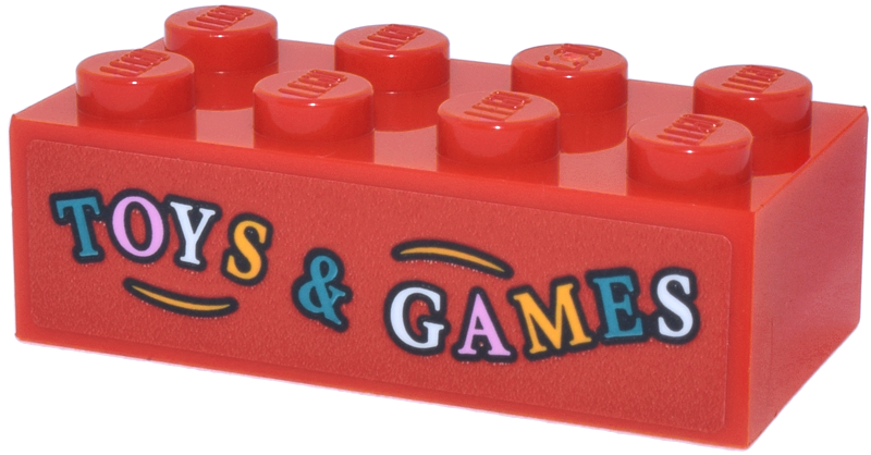Lego Brick 2 x 4 with 'TOYS & GAMES' Pattern (Sticker) - Set 76457 / Red