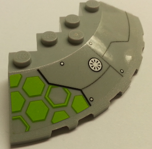 Lego Brick, Round Corner 6 x 6 with Slope 33 Edge, Facet Cutout with Round Vent and Lime Hexagons on Transparent Background Pattern Model Right Side (Sticker) - Set 76040 / Light Bluish Gray