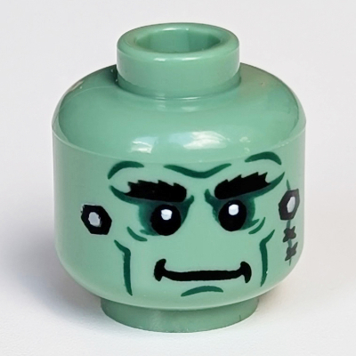 Lego Minifig Head Frankenstein Monster, Stitches, Wrinkles, White Pupils, Thick Black Eyebrows Print