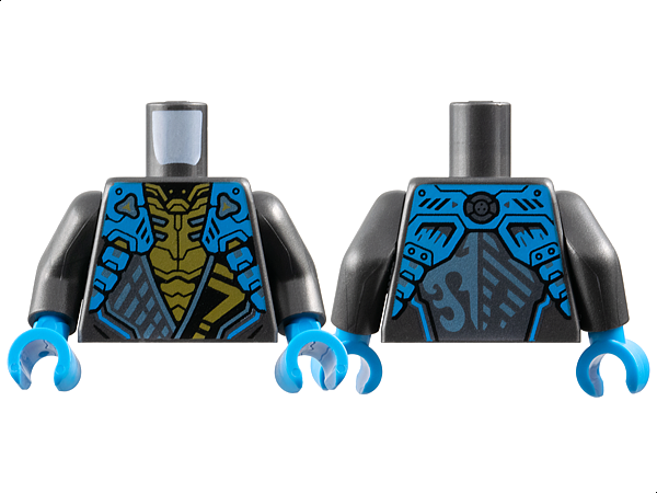 Lego Torso Armored Tunic with Dark Azure Shoulder Panels, Metallic Light Blue Trim and Gold Ninjago Logogram Letter N over Chest Armor, Water Dragon Logo on Back Pattern / Pearl Dark Gray Arms / Dark Azure Hands
