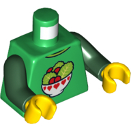 Lego Torso Shirt, Bowl with Red Hearts Filled with Tomatoes and Lettuce Print, Dark Green Arms, Yellow Hands / Green