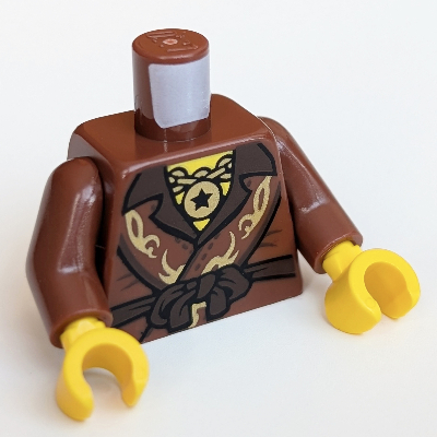 Lego Torso Robe, Gold Chain / Gold Star on Back Print, Reddish Brown Arms, Yellow Hands