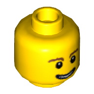 Lego Minifig Head, Brown Eyebrows, Thin Grin with Teeth, Black Eyes with White Pupils Print / Yellow
