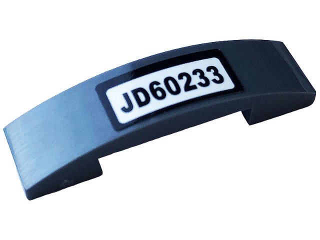 Lego Slope, Curved 4 x 1 x 2/3 Double with 'JD60233' Pattern (Sticker) - Set 60233 / Dark Bluish Gray