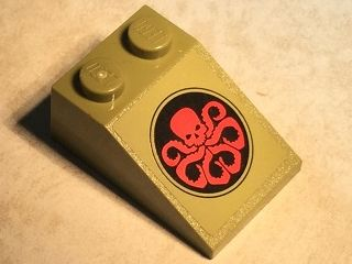 Lego Slope 33 3 x 2 with Red Hydra Logo in Black Circle on Olive Green Background Pattern (Sticker) - Set 76017 / Olive Green