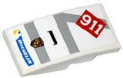 Lego Slope, Curved 4 x 2 with Michelin Logo, Porsche Logo, Light Bluish Gray Stripes, '911' and Air Intake Pattern (Sticker) - Set 75912 / White