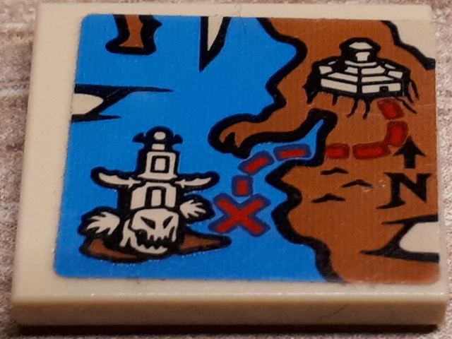 Lego Tile 2 x 2 with Map, Blue Water, Dark Orange Land, Black N and Arrow, Red X and Path Pattern (Sticker) - Set 70591 / Tan