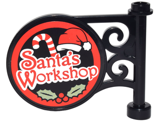 Lego Road Sign Round on Pole with Flat Top Attachment with 'Santa's Workshop', Candy Cane, Santa Hat and Holly Pattern on Both Sides (Stickers) - Set 10245 / Black