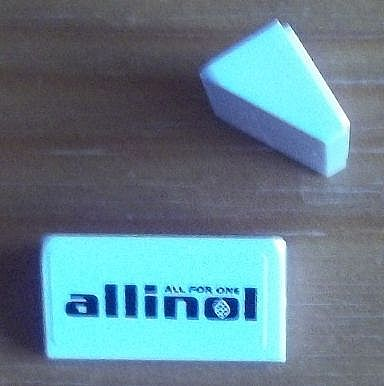 Lego Slope 30 1 x 2 x 2/3 with 'ALL FOR ONE allinol' Pattern (Sticker) - Set 8679 / White