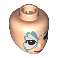 Lego Minidoll Head, Glitter Blue/White Butterfly Print / Light Nougat